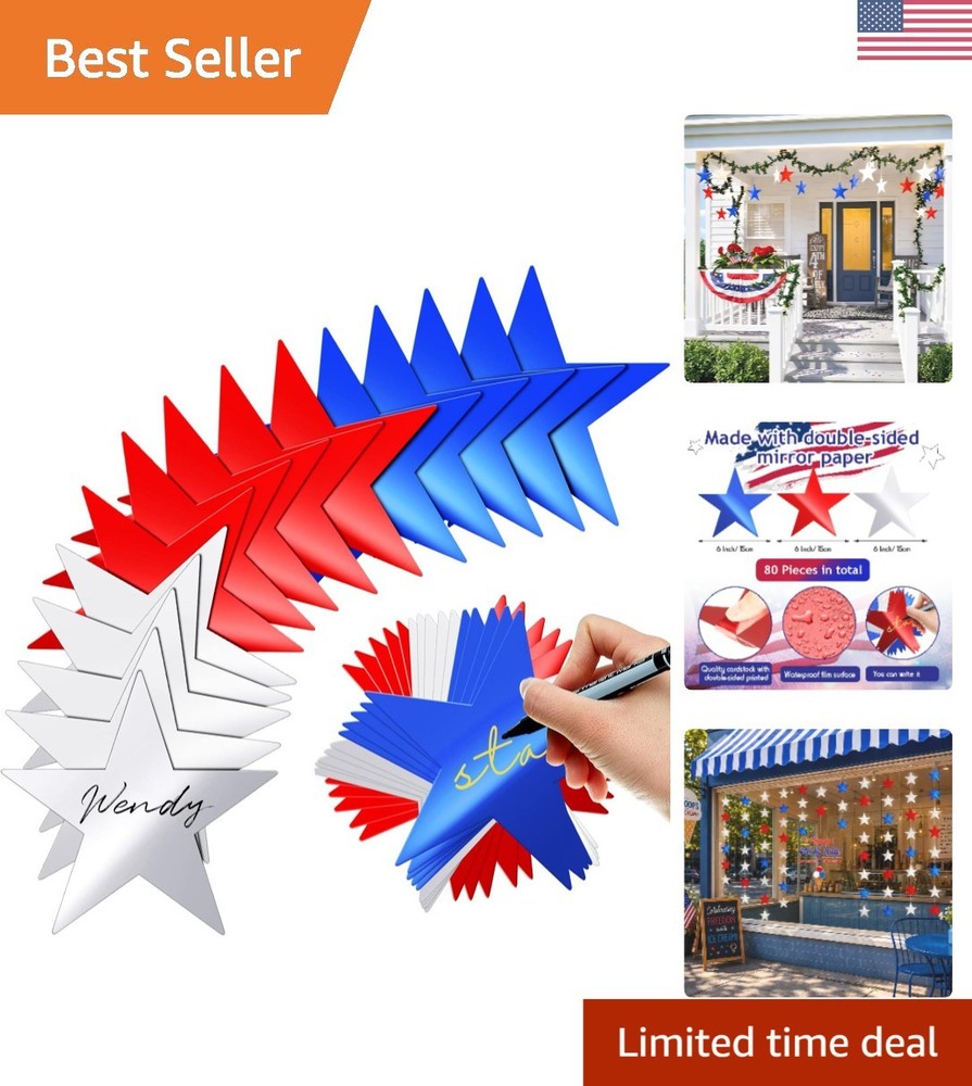 Lightweight 80 Star Cutouts – Red, Blue, Silver for Festive Decor & Crafts