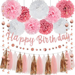 Pink Rose Gold Birthday Party Decorations Set, Rose Gold Glittery Dots Star Garl