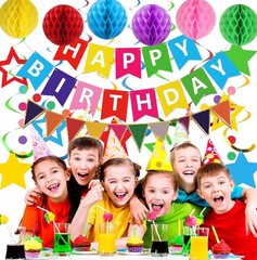 Colorful Birthday Decorations, Happy Birthday Banner with Honeycomb Balls, St…