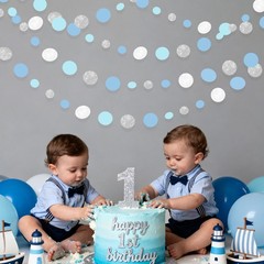 Dusty Blue Silver White Polka Dots Garland Hanging 46 feet,