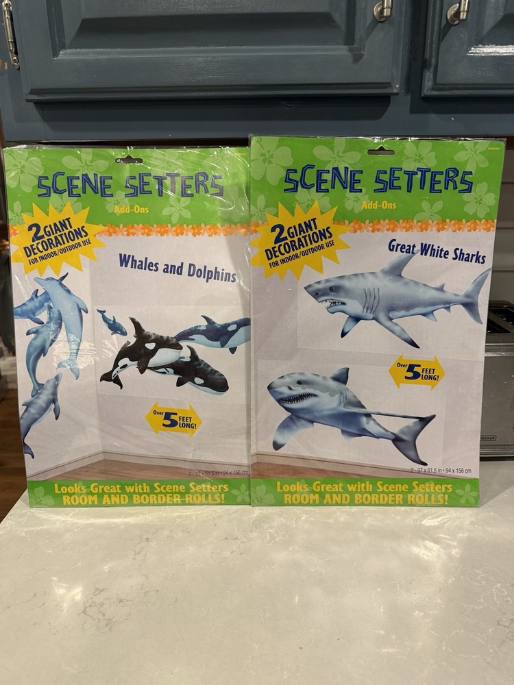 Lot Of 2 Amscan Scene Setters Giant Decorations Sharks Whales Dolphins