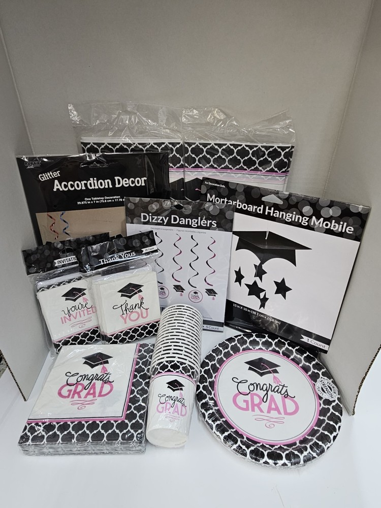 10 Pc Glamorous Grad Pink, White, and Black Party Set For 18 People