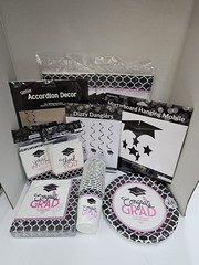 10 Pc Glamorous Grad Pink, White, and Black Party Set For 18 People