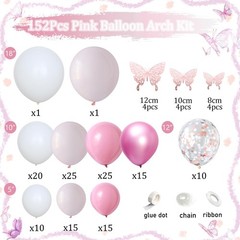 152Pcs Pastel Pink & White Balloon Arch Kit, Rose Gold Confetti & Butterfly Stic