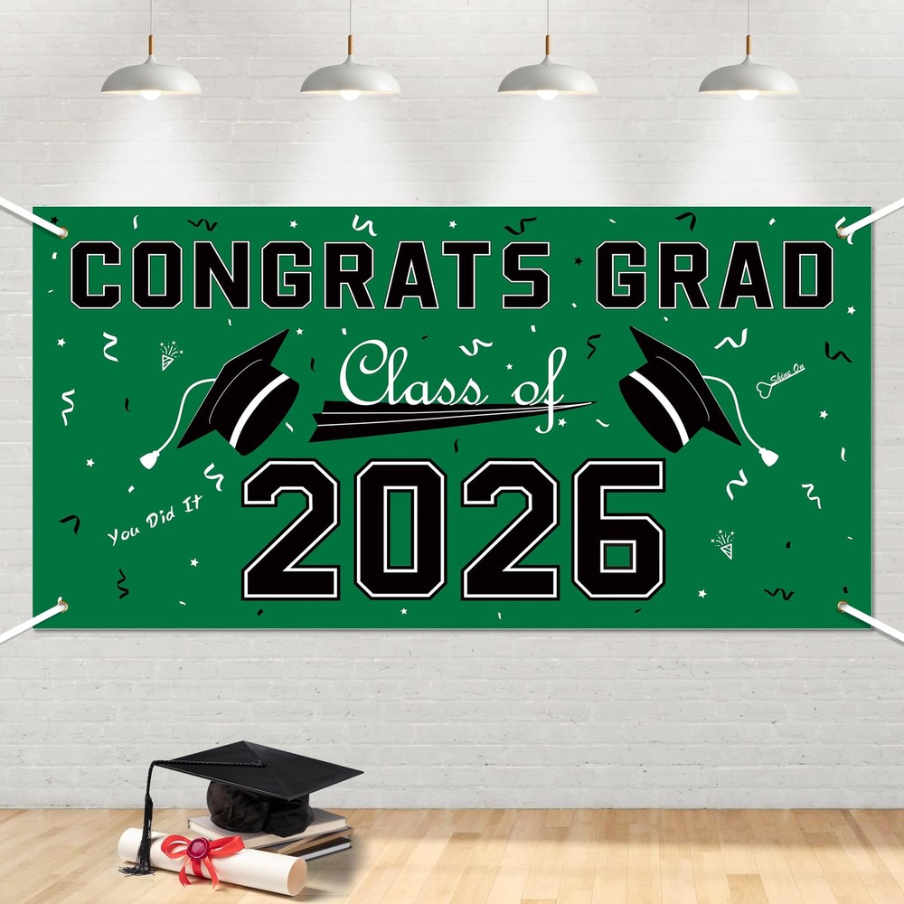 2026 Graduation Decorations – Green Polyester Backdrop –