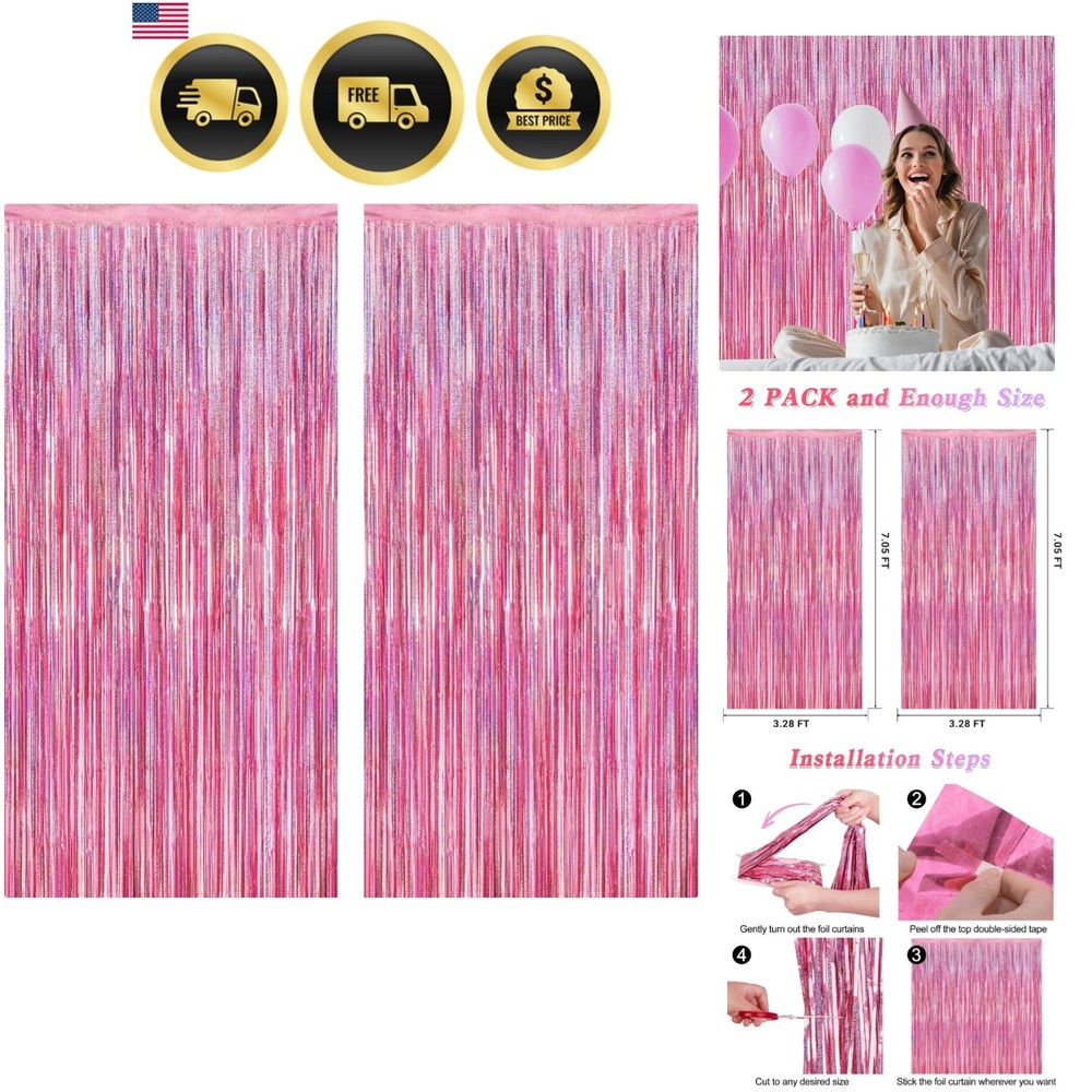 2 Pack Glitter Pink Backdrop, 3.28 FT x 7.05 FT Birthday Party Decorations, L…