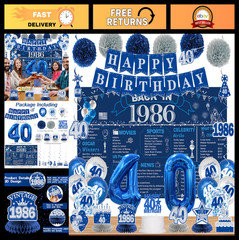 40th Birthday Decorations for Men & Women, Vintage 1986 Banner, Blue & Silver Ba