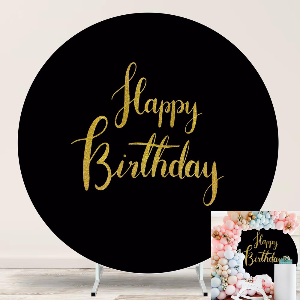 Gold Happy Birthday Sign Round Backdrop Cover 7.2ft,Black Round Backdrop Cove…