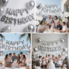 Silver Happy Birthday Balloon Banner Set 16 Inch Foil Letters Balloons, Reusa…