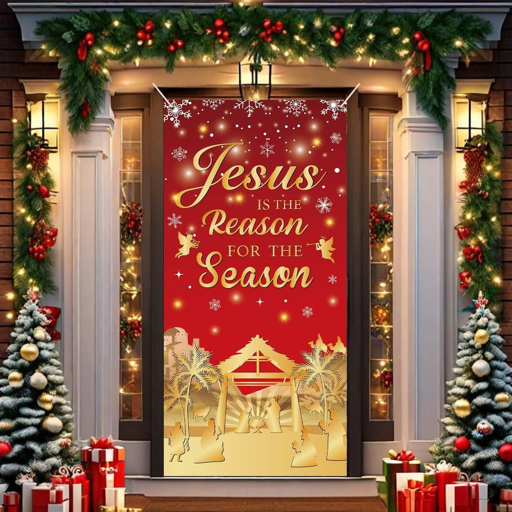 Christmas Door Cover for Front Door – Red and Gold Nativity Scene Xmas Decora…