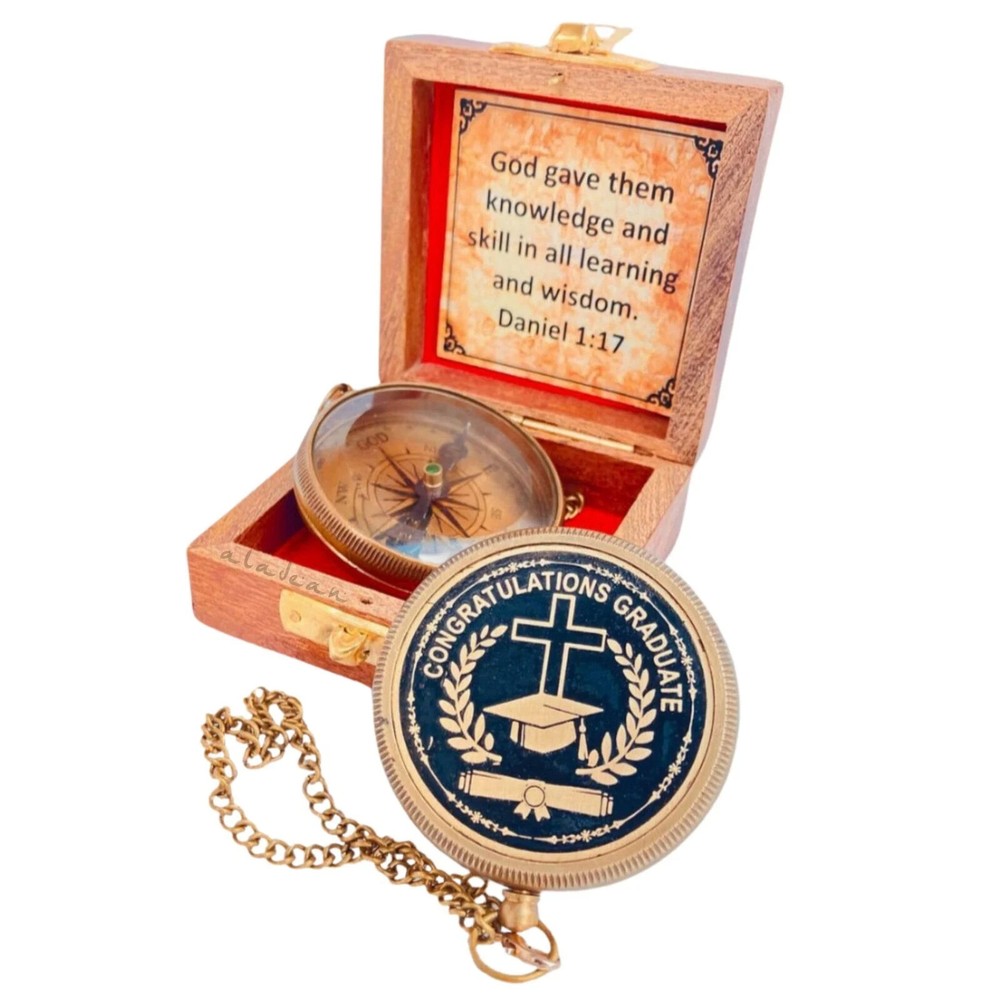 Graduation Brass Compass Gift – Vintage Nautical Pocket Compass with Quote Box