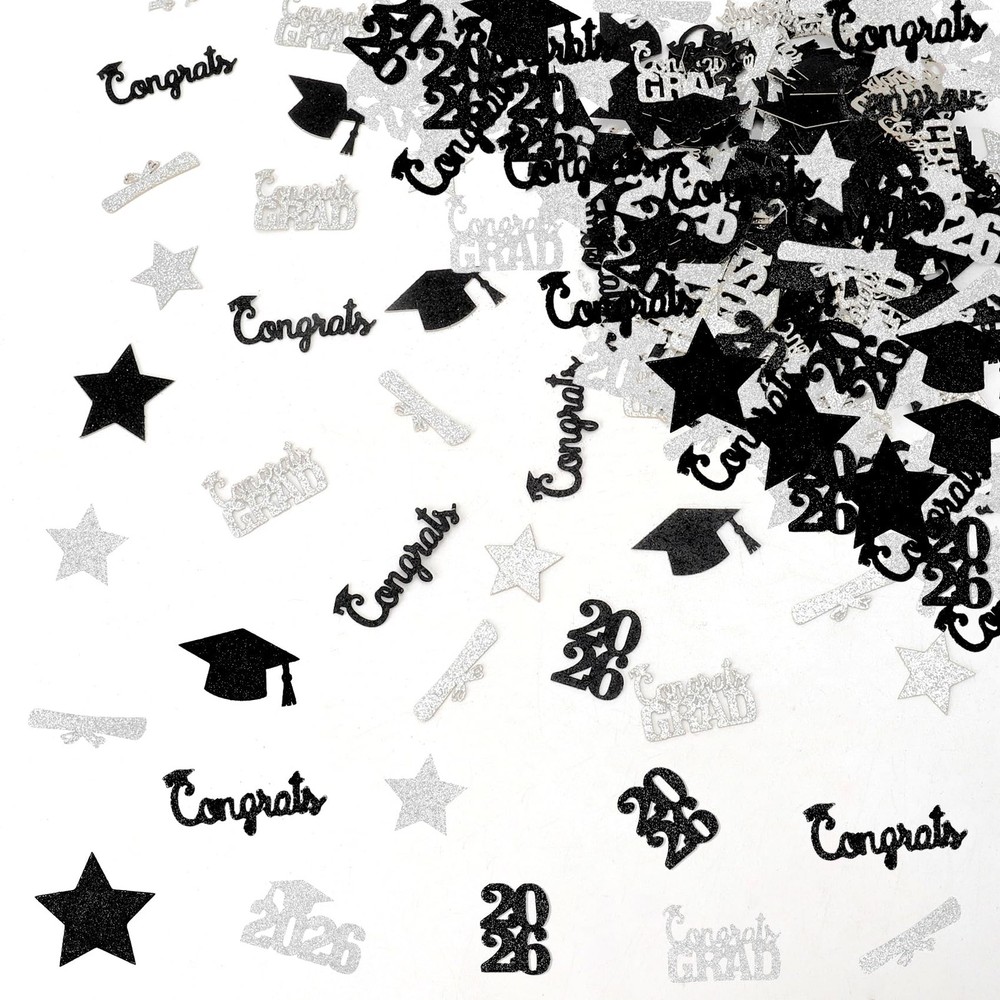 200 PCS Black Silver Graduation Table Confetti Glitter Cap Class Of 2026