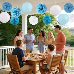 12 PCS Dusty Blue White Party Decoration Hanging Paper Flower Lanterns Pom Pom