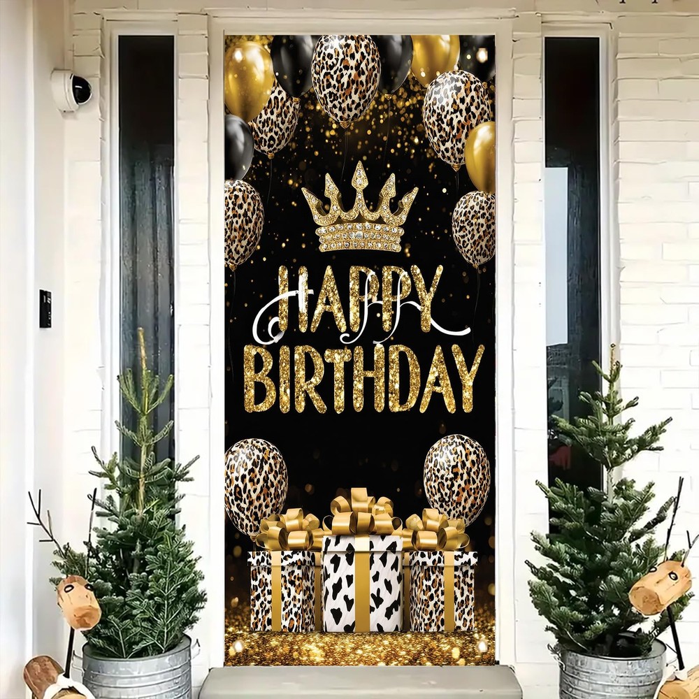 Happy Door Cover Banner Leopard Balloon Crown Gold Glam Party Art 71×35 Inch …