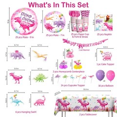 cocomigo 181pcs Pink Dinosaur Birthday Decorations Tableware Set, Watercolor …