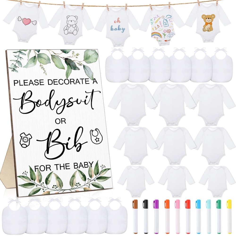 Hoosige 43 Pcs Baby Shower Games White Bodysuit Decorating Kit Bibs Design Games