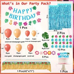 Hawaiian Party Decorations Set – 35 Pcs Balloons, 2 Foil Curtains, Table Cloth
