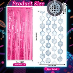 4 PCS Disco Party Decorations 2 Silver Fringe Curtains 2 Candy Pink Backdrops