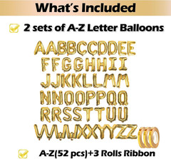 [52 PCS] 16″ Foil Gold Letter Balloons 2 Sets of A-Z, Mylar Aluminum Hanging Alp
