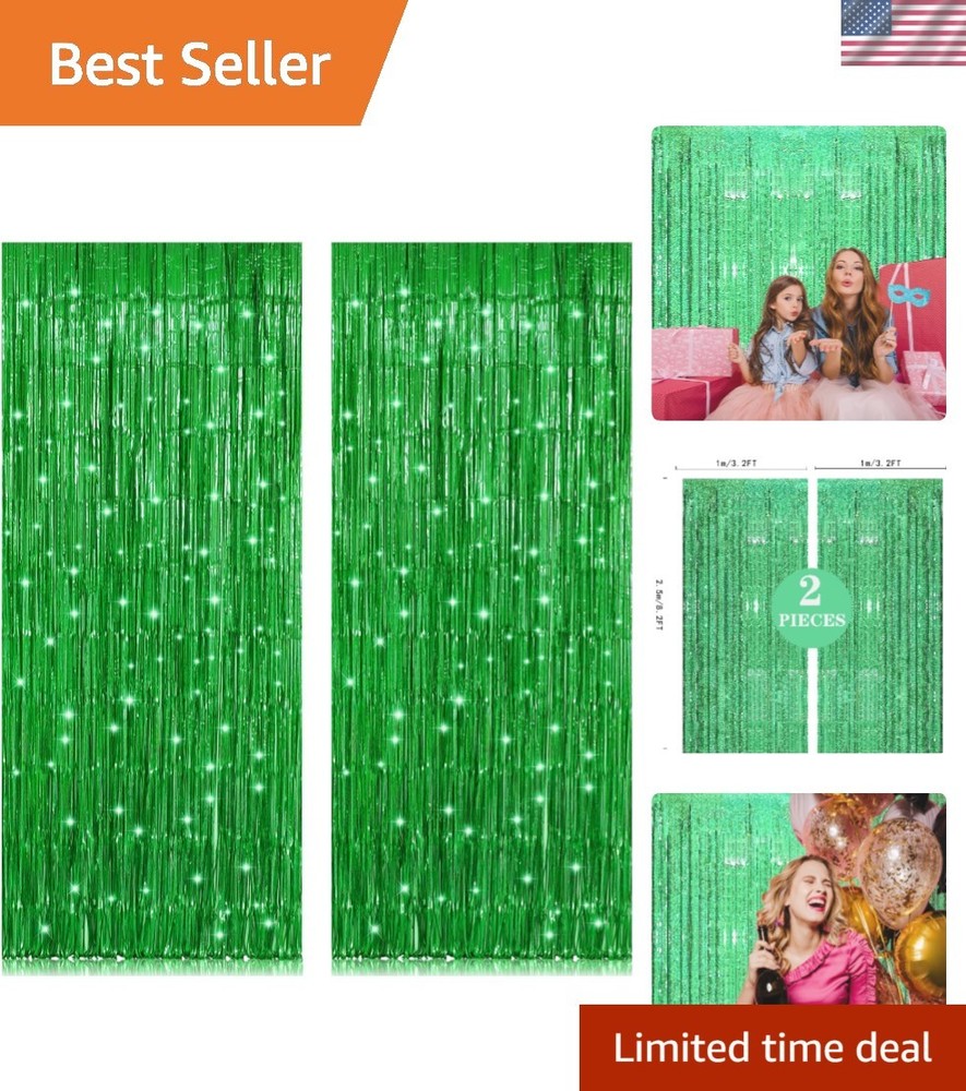 Customizable Green Foil Fringe Curtain Set – 3.2ft x 8.2ft for Versatile Decor