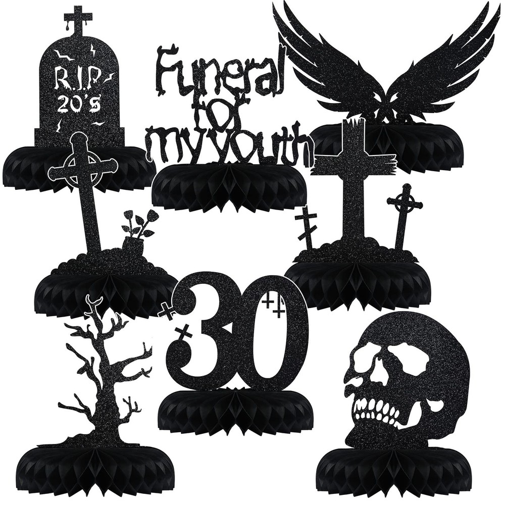 8 PCS Death To My 20s Decorations RIP Goth 30th Birthday Honeycomb Black