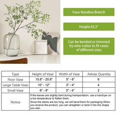 CEWOR 4pcs Artificial Plants Fake Greenery Branches for 43.3 inches, Green
