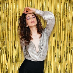2 Pack Foil Fringe Backdrop Curtains, Tinsel 39.6″W x 98.4″L (Pack of 2) Gold