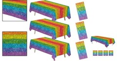 3-Pcs Rainbow Tablecloth Set 55×86 in Glitter for Birthday & Pride Celebrations
