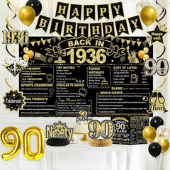 90Th Birthday Decorations for Men, Black Gold Back in 1936 Party Supplies Kit wi
