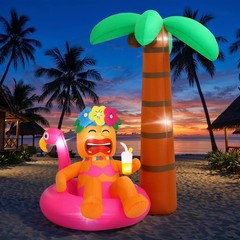 6FT Inflatable Tiki Luau Decor – Flamingo Coconut Palm Party Decorations, LED Li