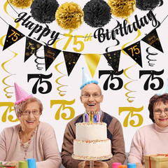75Th Birthday Decorations Kit for Men Women, Black Gold Happy 75Th Birthday Bann