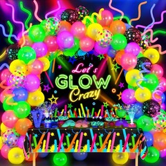 161Pcs Neon Party Decorations – Glow in the Dark Balloons, Arch Kit & Tablecloth