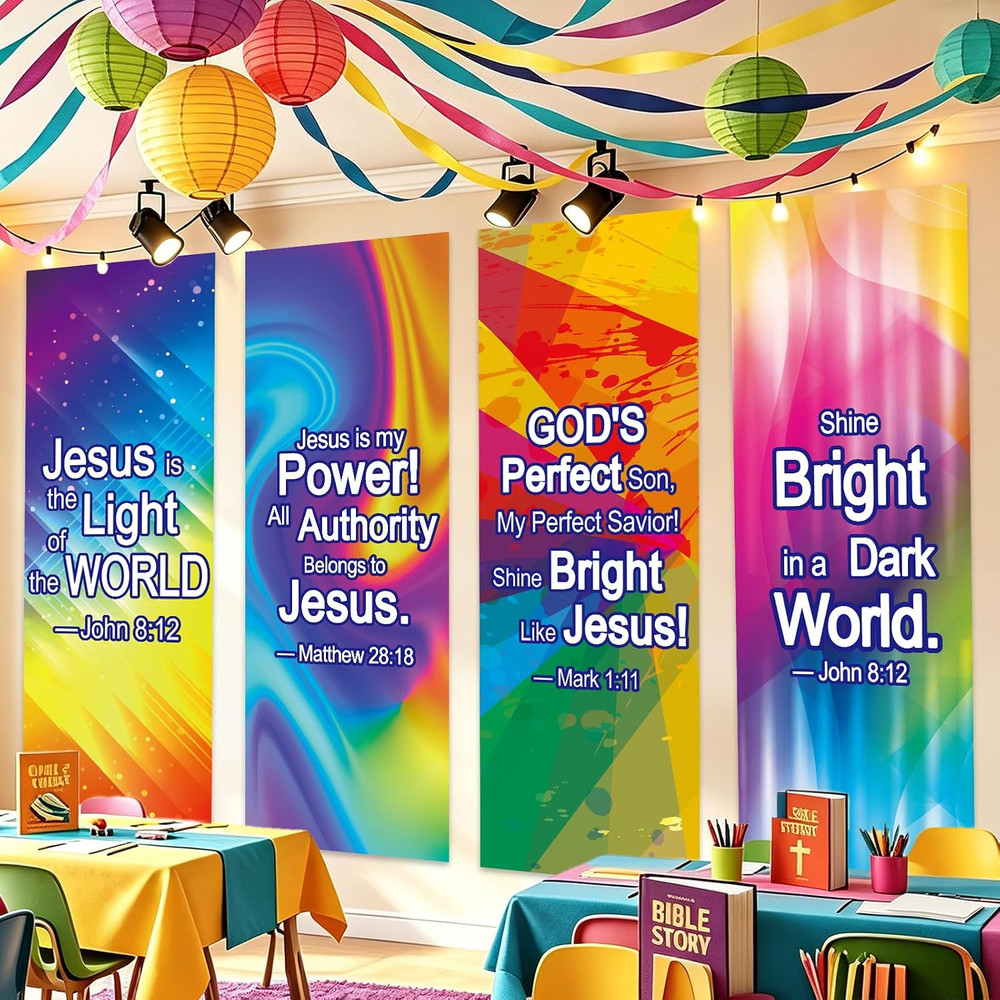JarThenaAMCS 4Pcs VBS Decorations Neon Jesus Scripture Hanging Banner Sign Color