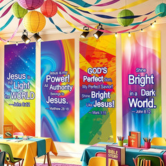 JarThenaAMCS 4Pcs VBS Decorations Neon Jesus Scripture Hanging Banner Sign Color
