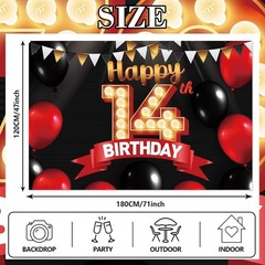 Happy 14th Birthday Black Banner Decorations Gold Backdrop Red and 14, Multi