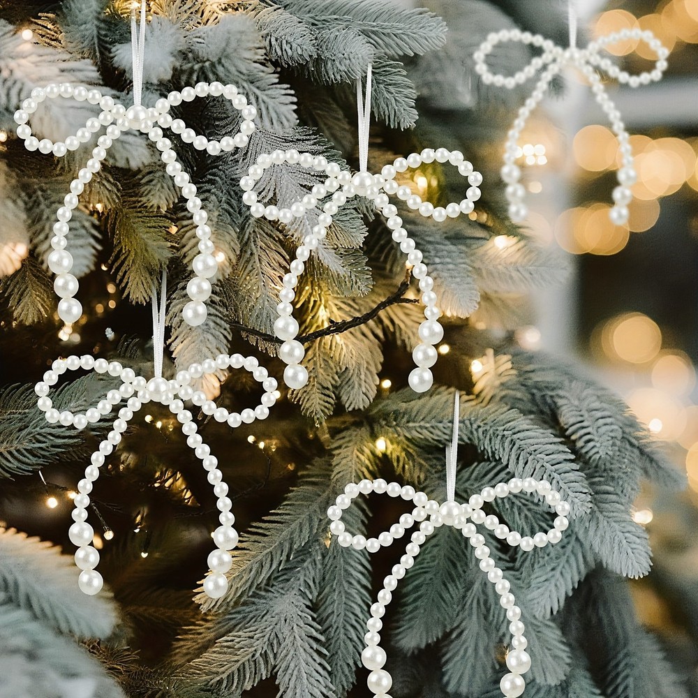 6/12PCS Imitation Pearl Bow Decor, Hand-Woven Christmas Fringe Pendants.