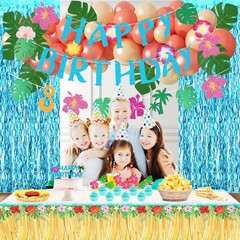 Hawaiian Party Decorations Set – 35 Pcs Balloons, 2 Foil Curtains, Table Cloth