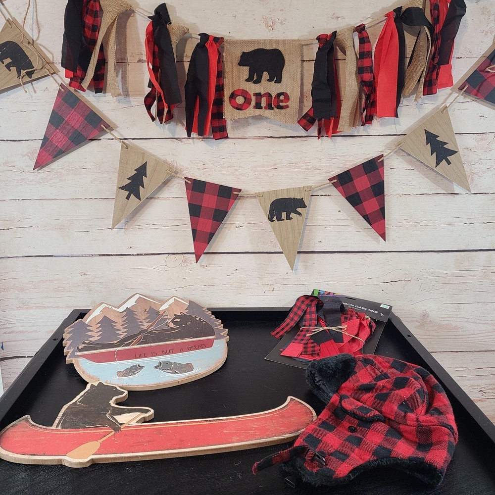 Party Decorations Supplies Lot Bear Outdoor Wildlife Lodge 2 Signs 3 Banners Hat