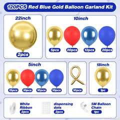 Red Blue Gold Balloon Garland Kit, 120Pcs Royal Blue Red Arch Kit with Gold 4D F
