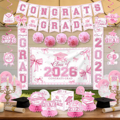 Pink Bow Graduation Decorations 2026 Set, All-In-1 Coquette Kit with Congrats Gr