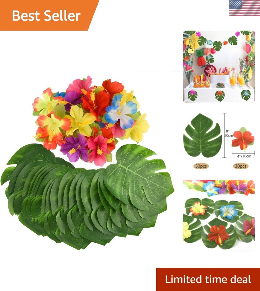 60 Pcs Tropical Party Decoration Set – Hibiscus Leaves & Flowers for Luau Decor