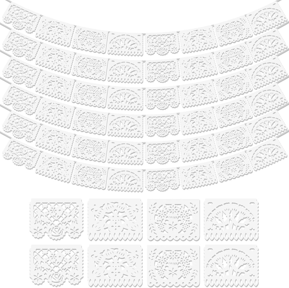 6 Pack White Papel Picado Banner, 90Ft Plastic Mexican Party Wedding Decoration