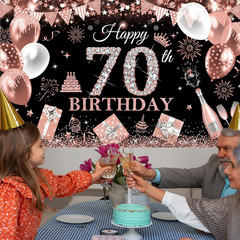 Happy 70Th Birthday Banner for Women Black and Rose Gold Glitter Balloon 70 Birt