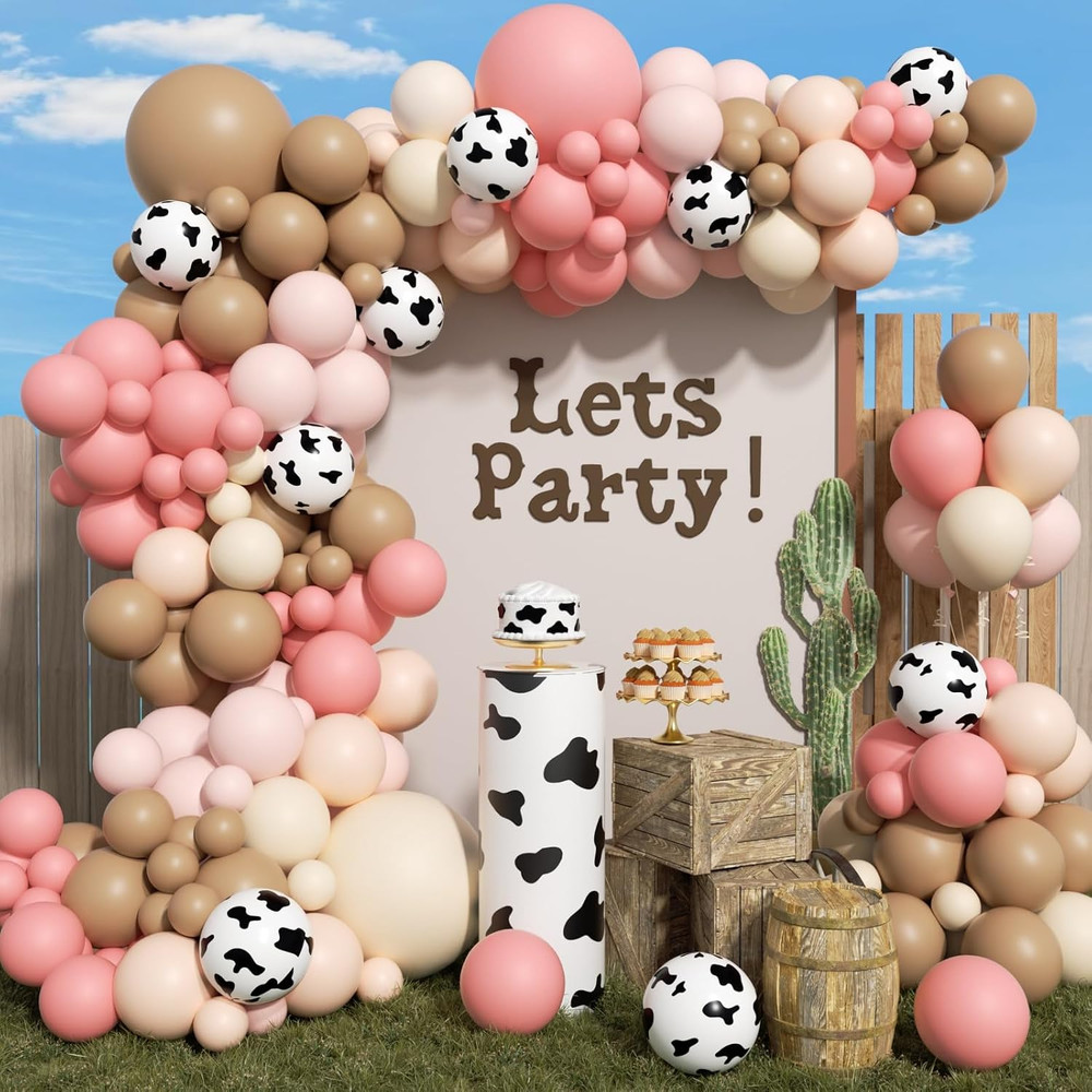 Pink Cow Balloon Arch Kit with Brown Sand White Nude Pastel Pink Brown Cow Print