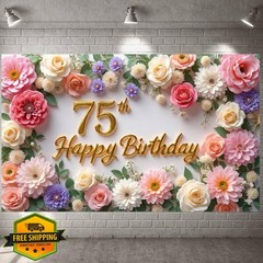 Flower 75th Birthday Banner Decorations for Women Pink Roses Floral Happy 75t…