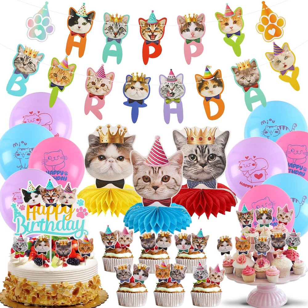 39 Pcs Cat Birthday Decorations Cat Birthday Party Supplies, 2 Pcs Birthday B…
