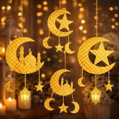 Eid Ramadan Hanging Decorations Gold Moon Star Islamic Home Decor Set 4 Pack