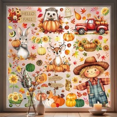 Fall Window Clings, 9 Sheets 99 Pcs Autumn Scarecrow Woodland