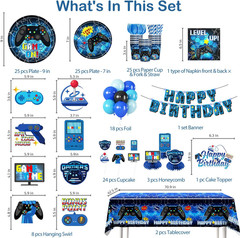 208Pcs Video Game Birthday Decorations-Serves 25, All-In-One Gamer Birthday Part