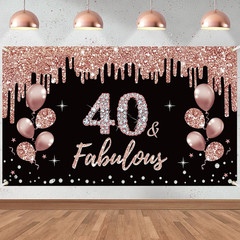 40Th Birthday Decorations Banner for Women, Rose Gold 40 Birthday Theme Sign Par
